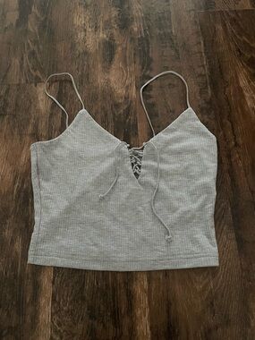 Grey Lace-Up Ribbed Cami Tank Top